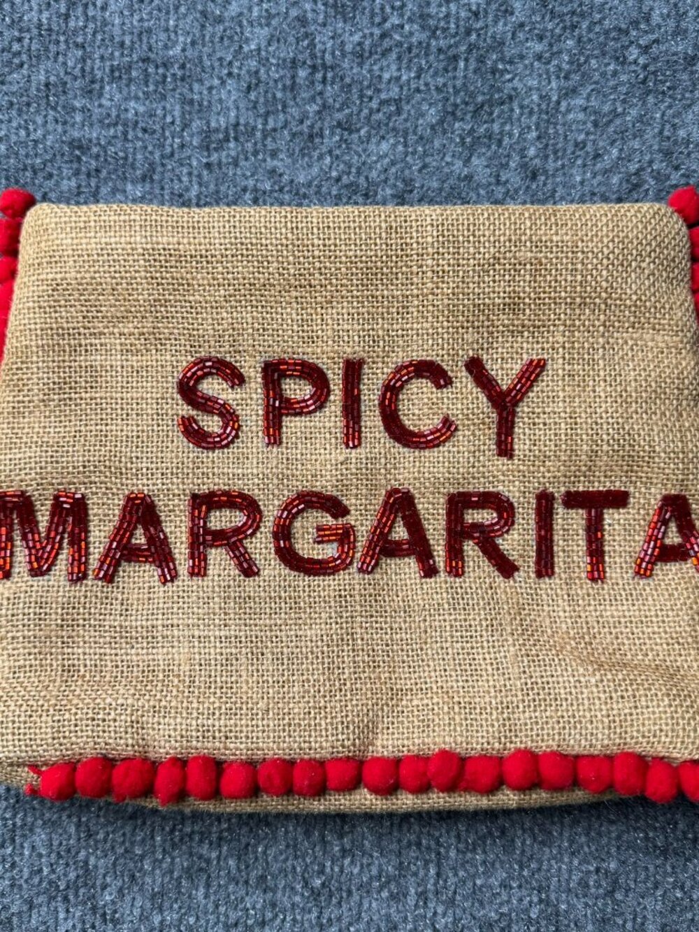 Spicy Margarita Beaded Burlap Clutch Bag Boho Pom Pom Trim Cosmetic Pouch Tan Re